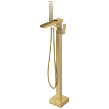 Freestanding Floor Mount Single Handle Waterfall Tub Filler Faucet with Handheld Shower in Brushed Gold