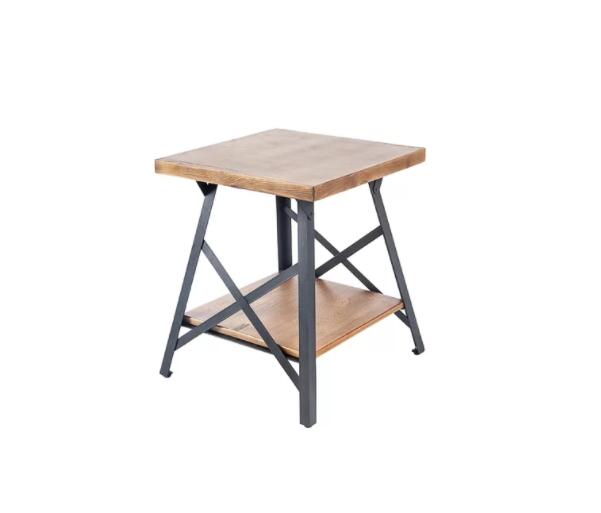 Industrial End Table with Solid Wood Top, Metal Base