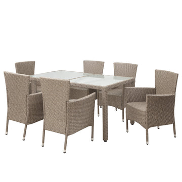 7 Piece Patio Dinning Table Beige-Brown Wicker Furniture Seating (Beige Cushions)