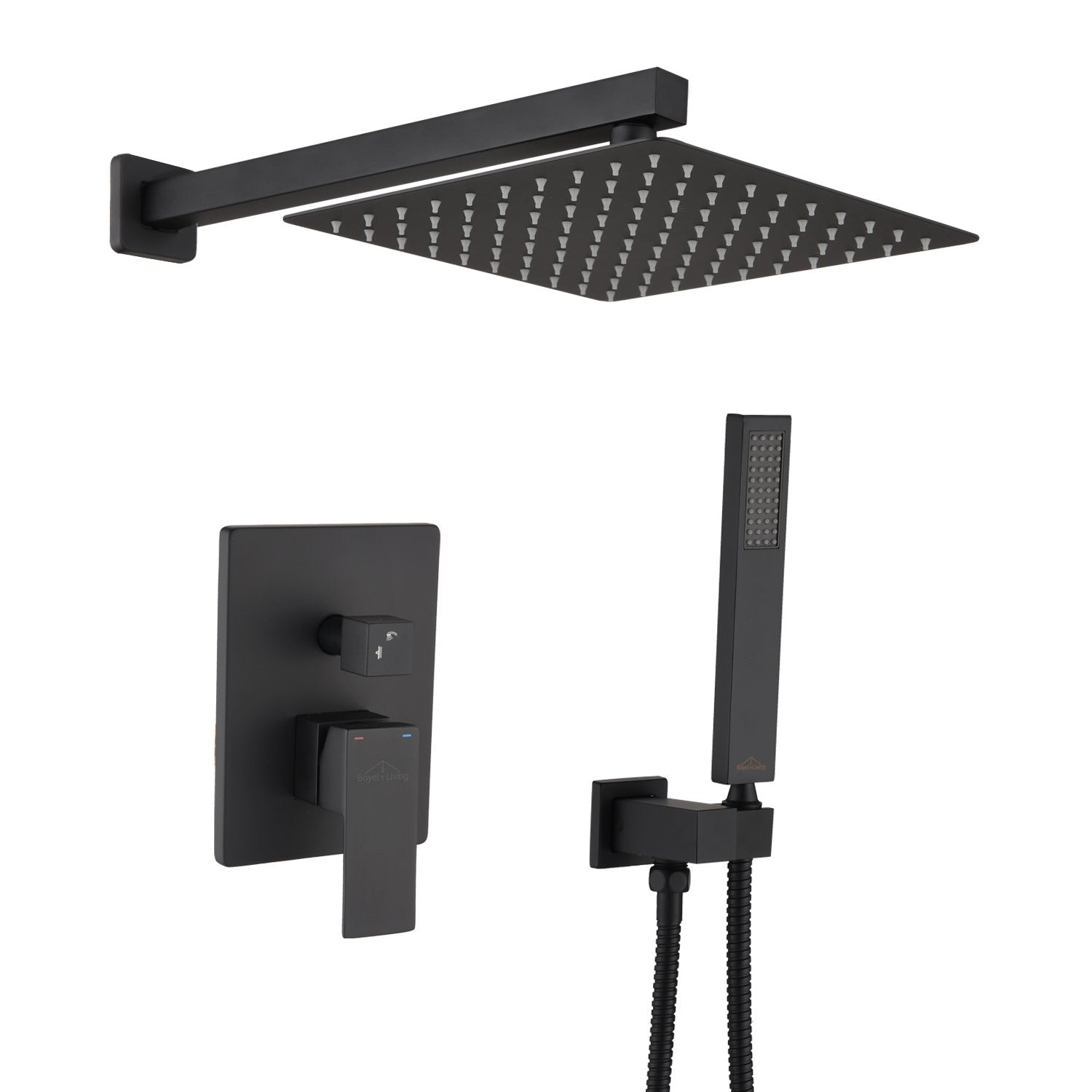 Shower System Wall Mounted with 10 in. Square Rainfall Shower head and Handheld Shower Head Set, Matte Black - Alipuinc