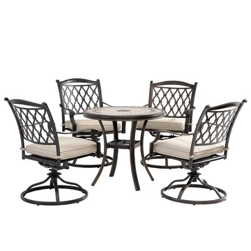 5Pcs Cast Aluminum Dining Set with Round Tile-Top Table and Diamond-Mesh Arcuated Backrest Swivel Chairs Beige