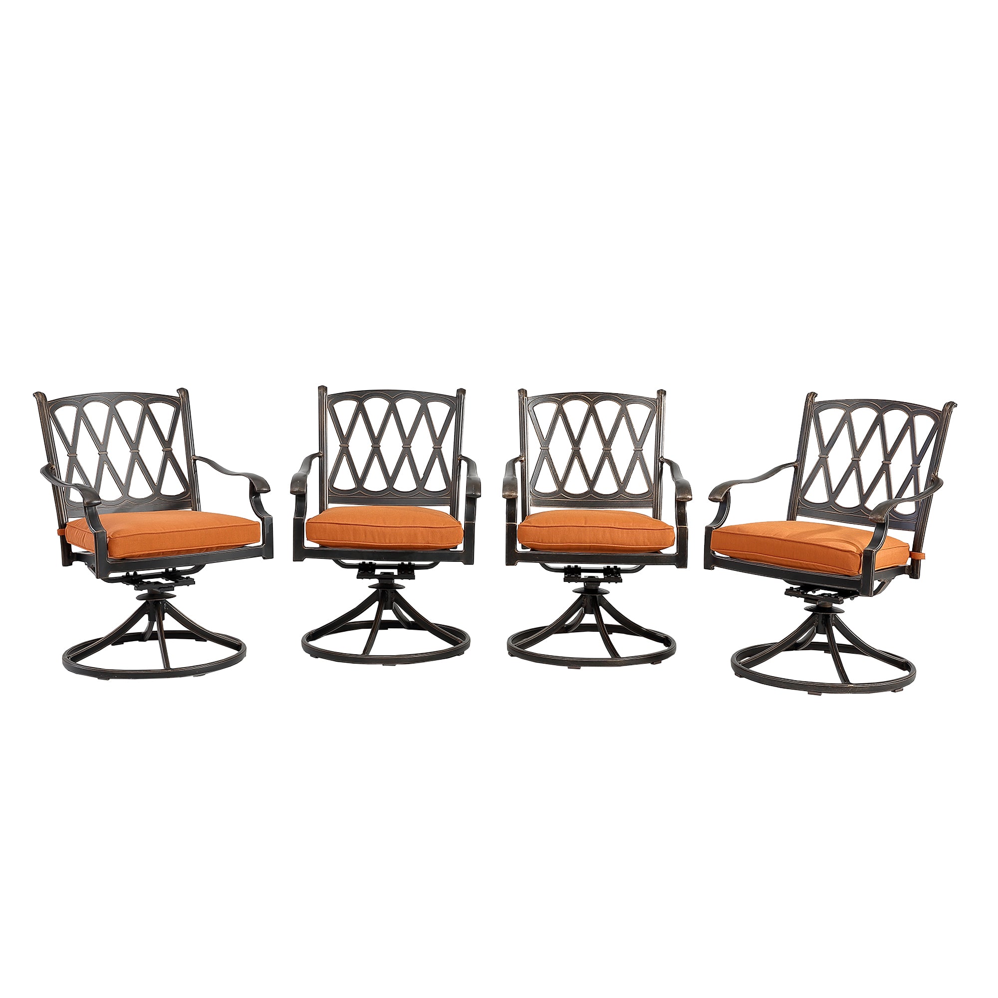 Set of 4 Cast Aluminum Direct-Net Backrest Swivel Chairs Orange