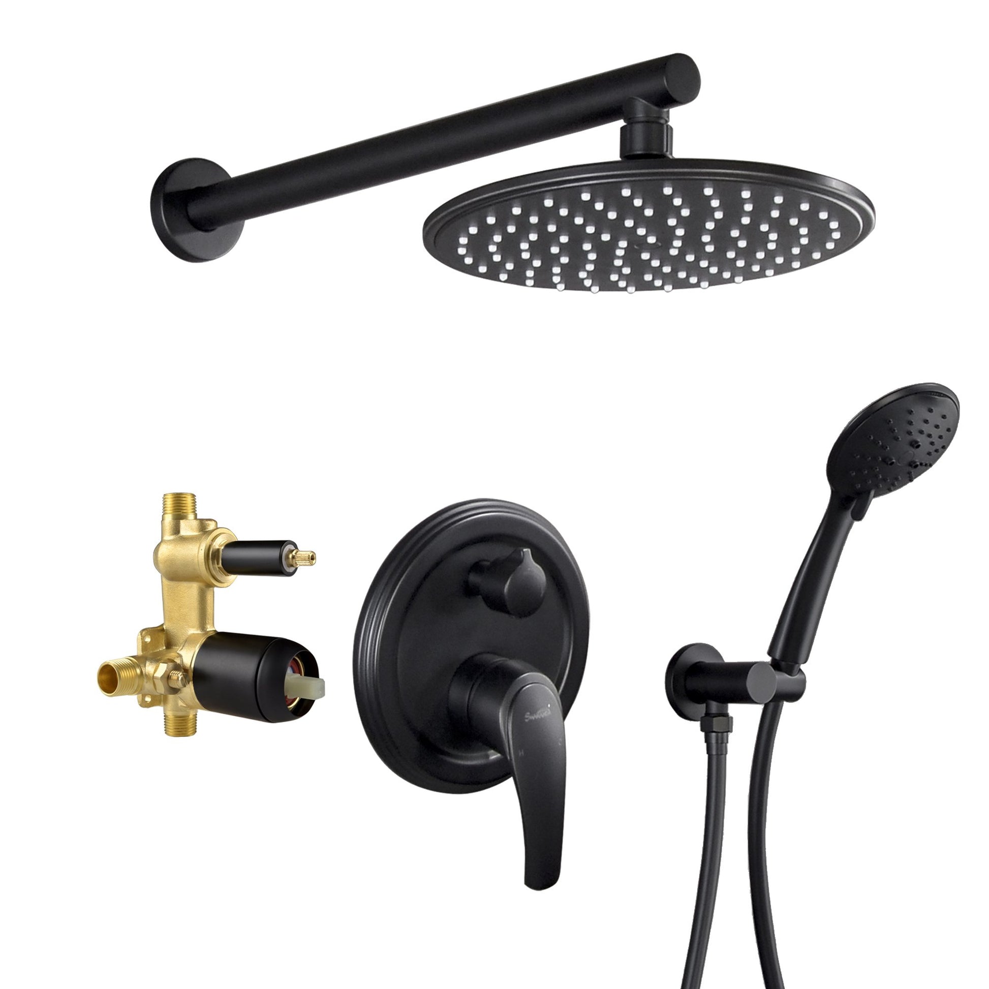 5-Spray Patterns with 2.66 GPM 9 in. Wall Mount Dual Shower Heads with Pressure Balance Round-In Valve in Matte Black - Alipuinc