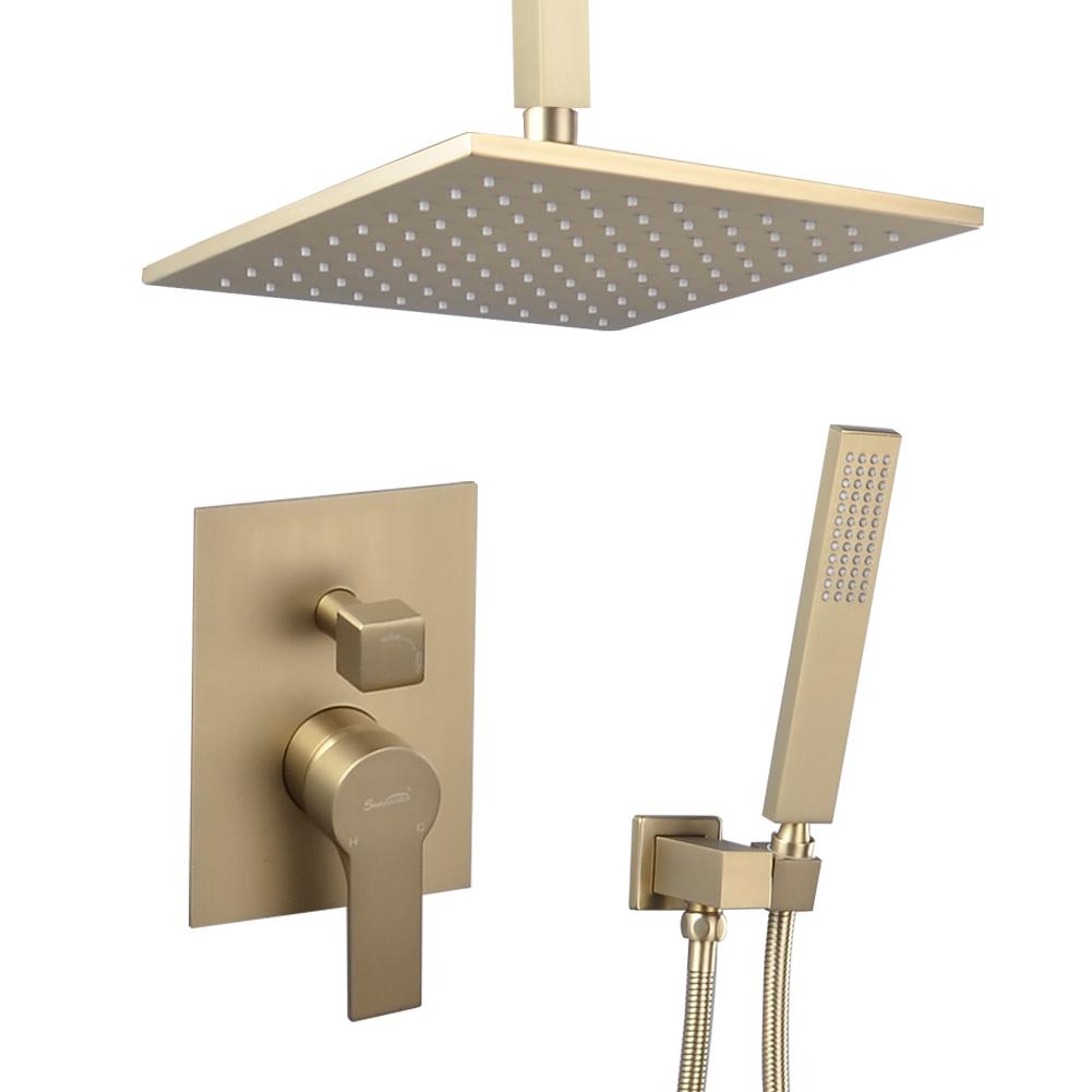 1-Spray Patterns with 2.38 GPM 10 in. Ceiling Mount Dual Shower Heads with Rough-In Valve Body and Trim in Brushed Gold - Alipuinc