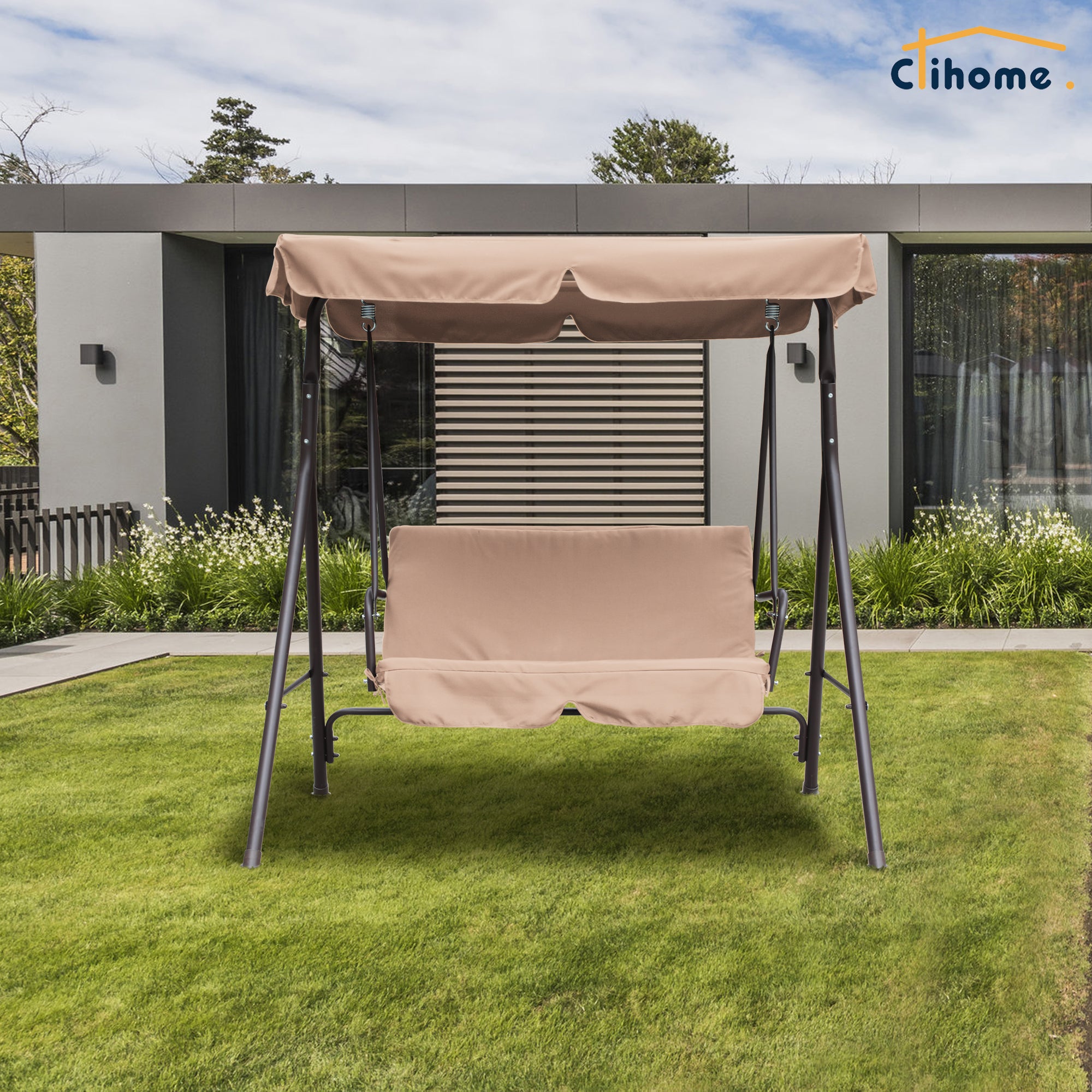 Clihome Steel 2-Person Outdoor Canopy Swing Patio Swing Chair, Porch Swing with Removable Cushion and Convertible Canopy