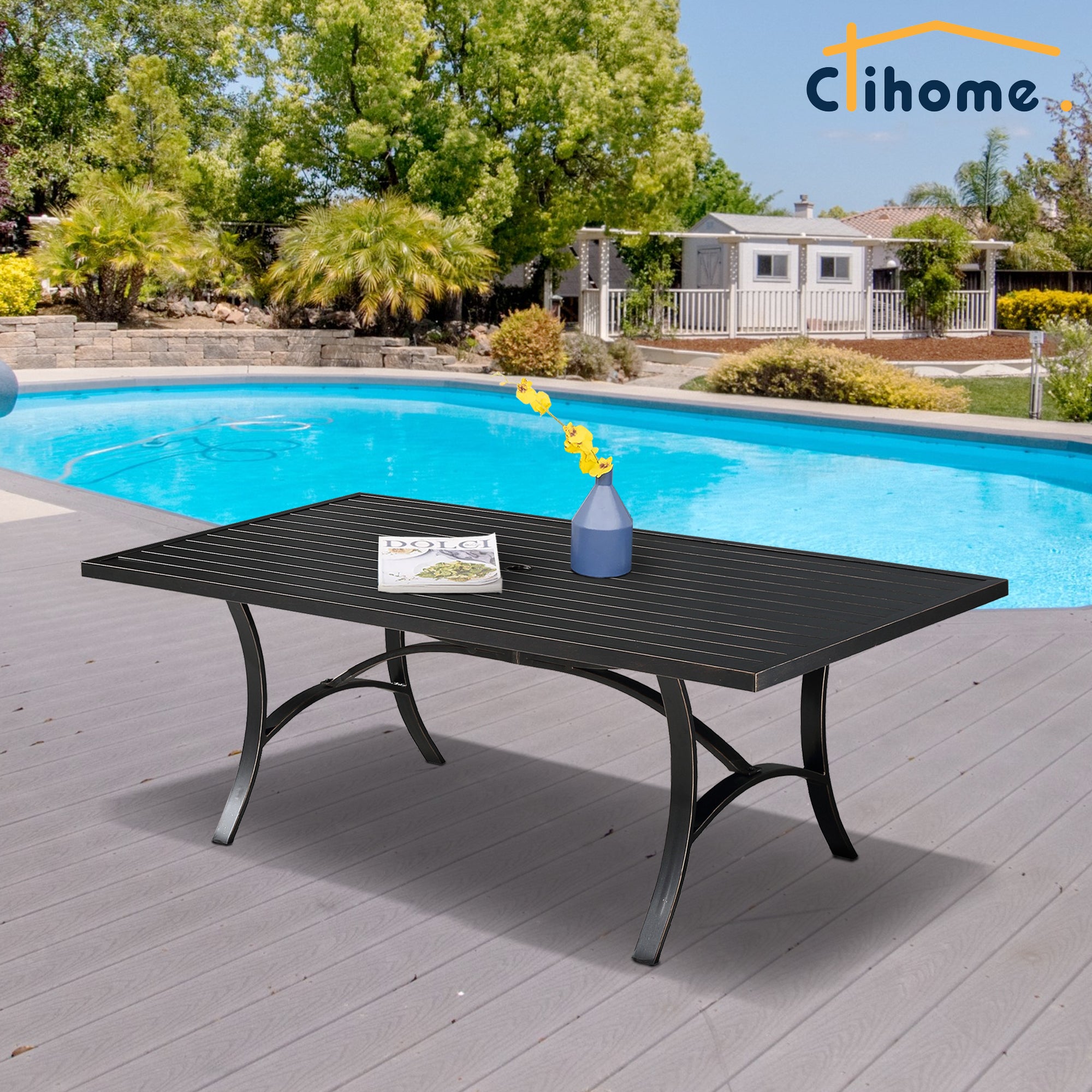 82 in. W Aluminum Steel Dining Table with Umbrella hole