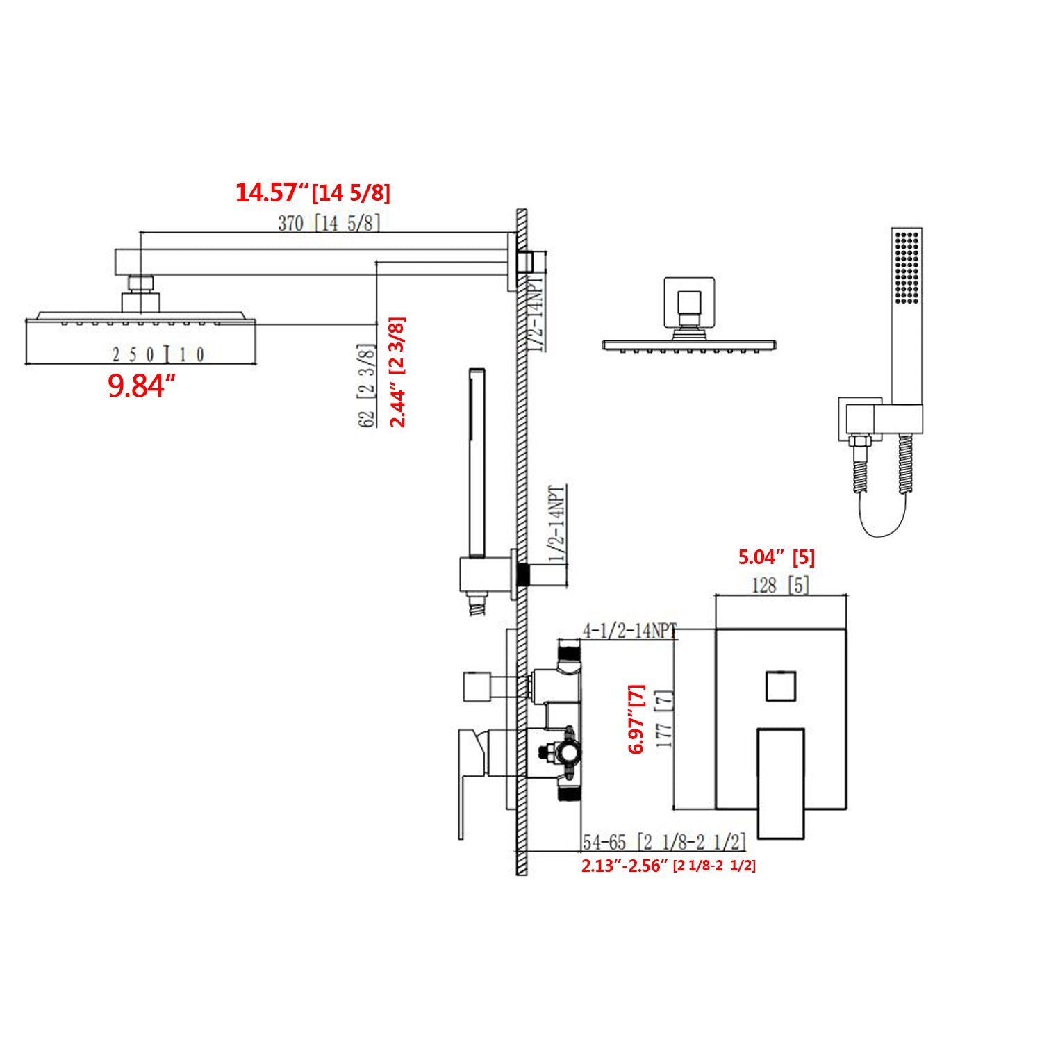 Shower System Wall Mounted with 10 in. Square Rainfall Shower head and Handheld Shower Head Set, Matte Black - Alipuinc