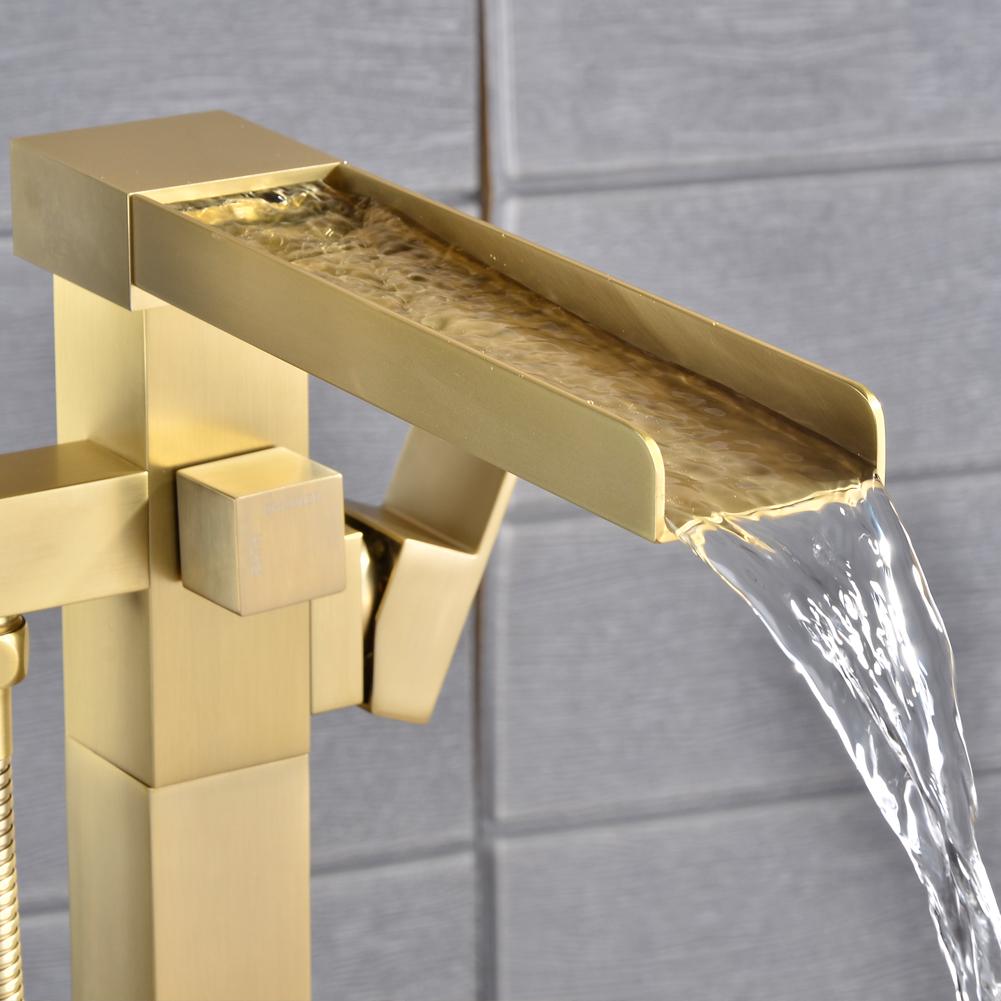 Freestanding Floor Mount Single Handle Waterfall Tub Filler Faucet with Handheld Shower in Brushed Gold - Alipuinc