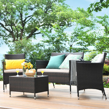 A0001 / 4 Pieces Comfortable Outdoor Rattan Sofa Set with Table