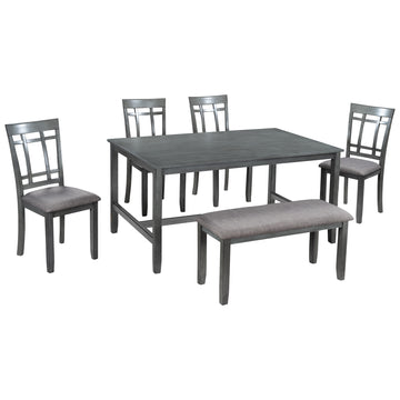 6 Piece Wooden Dining Table set, Kitchen Table set with 4 Chairs and Bench, Farmhouse Rustic Style,Antique Graywash