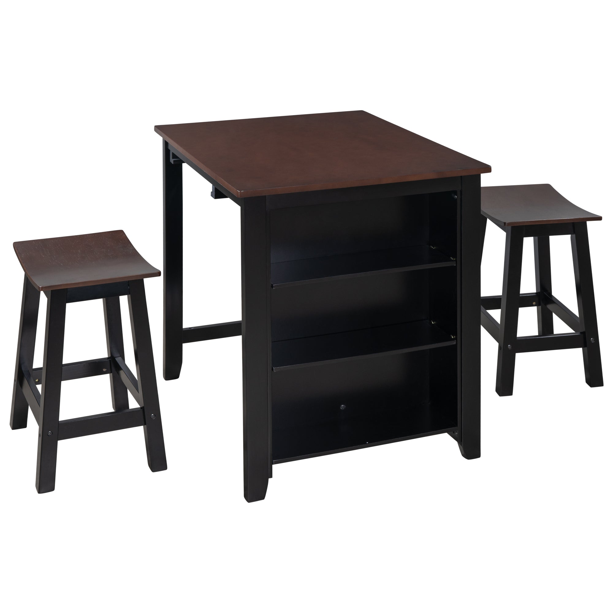Wood 3-Piece Counter Height Dining Kitchen Set with 2 Suspensible Stools, 3-tier Storage for Small Places, Cherry+Black
