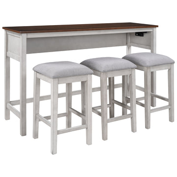 4 Pieces Counter Height Table with Fabric Padded Stools,Rustic Bar Dining Set with Socket,Cherry Top +Distressed White Body