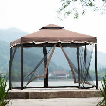 9.8Ft. Wx8.8Ft. H Outdoor Steel Vented Dome Top Patio Gazebo with Netting for Backyard, Poolside and Deck, Brown