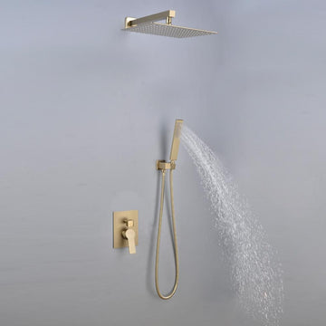 1-Spray Patterns with 2.66 GPM 12 in. Wall Mount Dual Shower Heads with Rough-In Valve Body and Trim in Brushed Gold