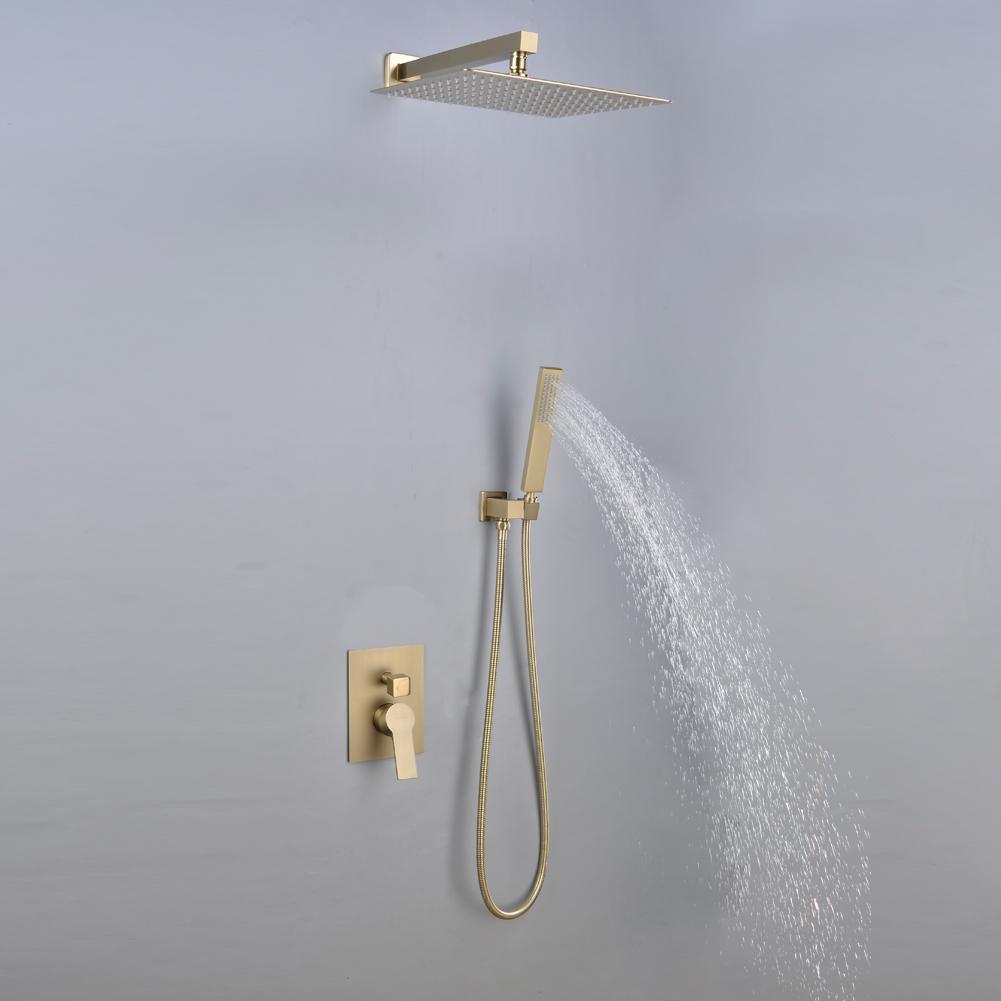 1-Spray Patterns with 2.66 GPM 12 in. Wall Mount Dual Shower Heads with Rough-In Valve Body and Trim in Brushed Gold - Alipuinc