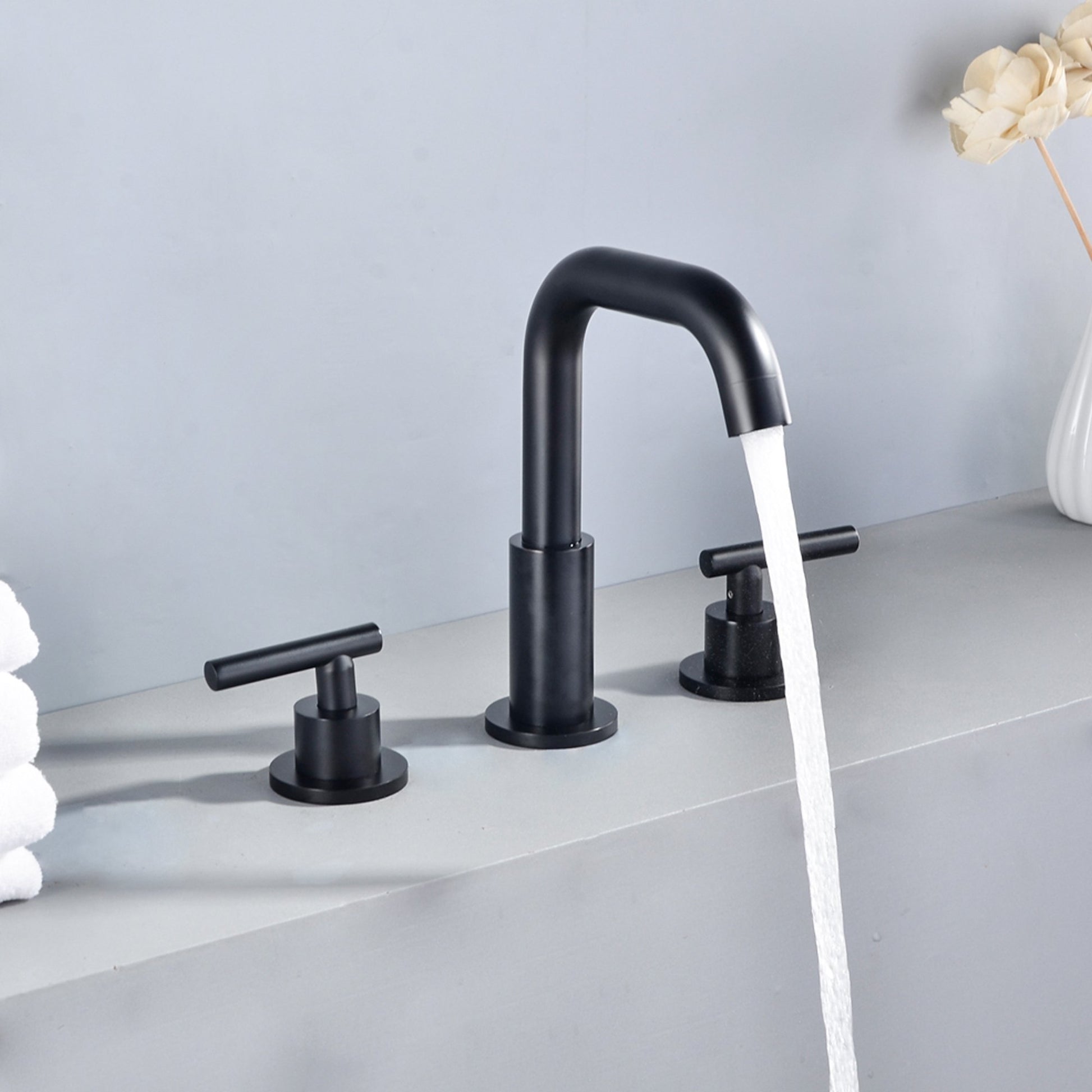 8 in. Widespread 2-Handle Mid-Arc Bathroom Faucet with Valve and cUPC Water Supply Lines in Matte Black - Alipuinc