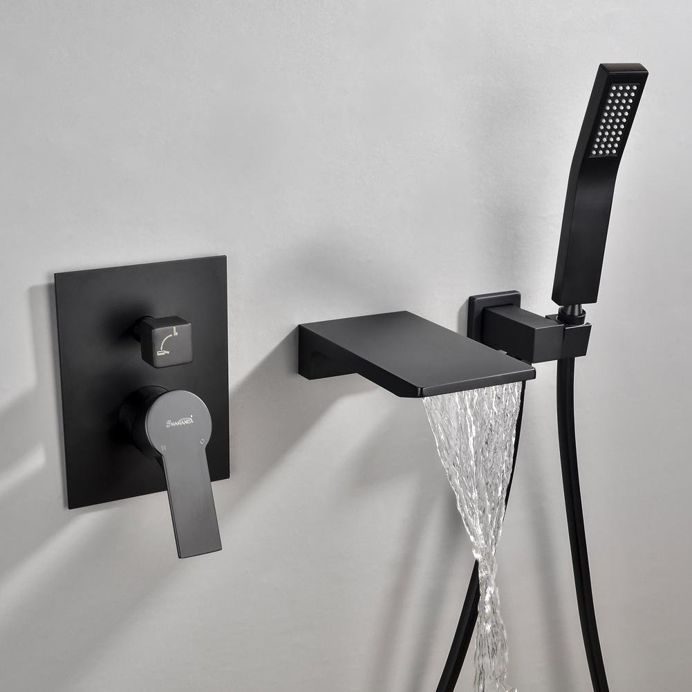 Single-Handle Wall Mount Roman Tub Faucet with Hand Shower in Matte Black - Alipuinc